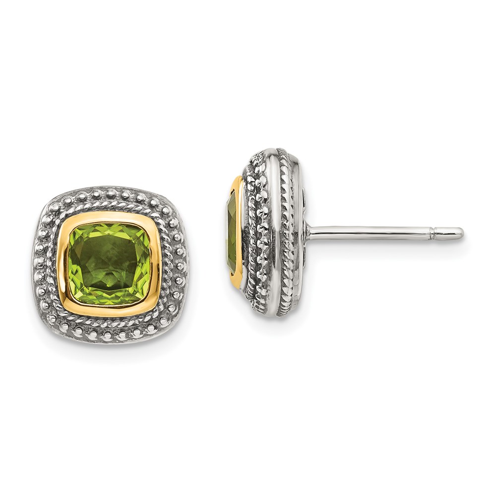 925 Ss W/ 14k Antiqued Cushion Bezel Peridot August Birthstone Post Earrings